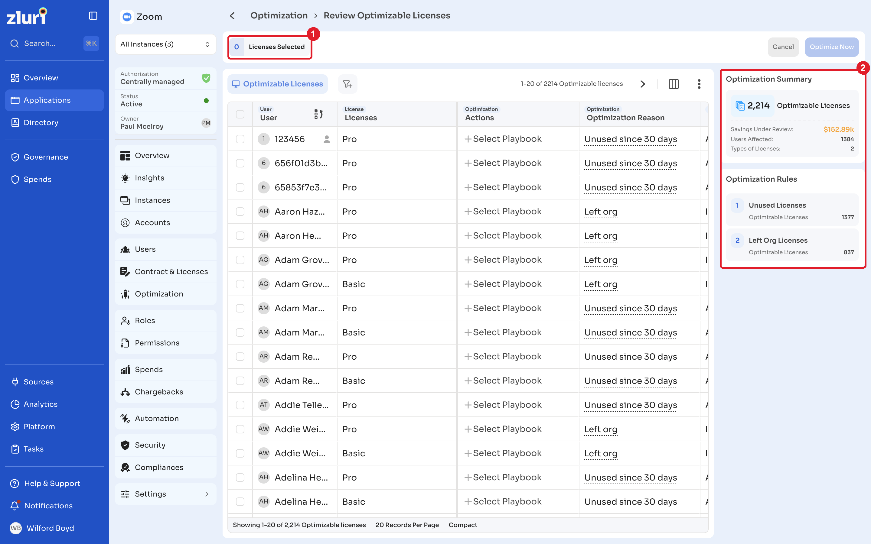 Review Optimizable Licenses page