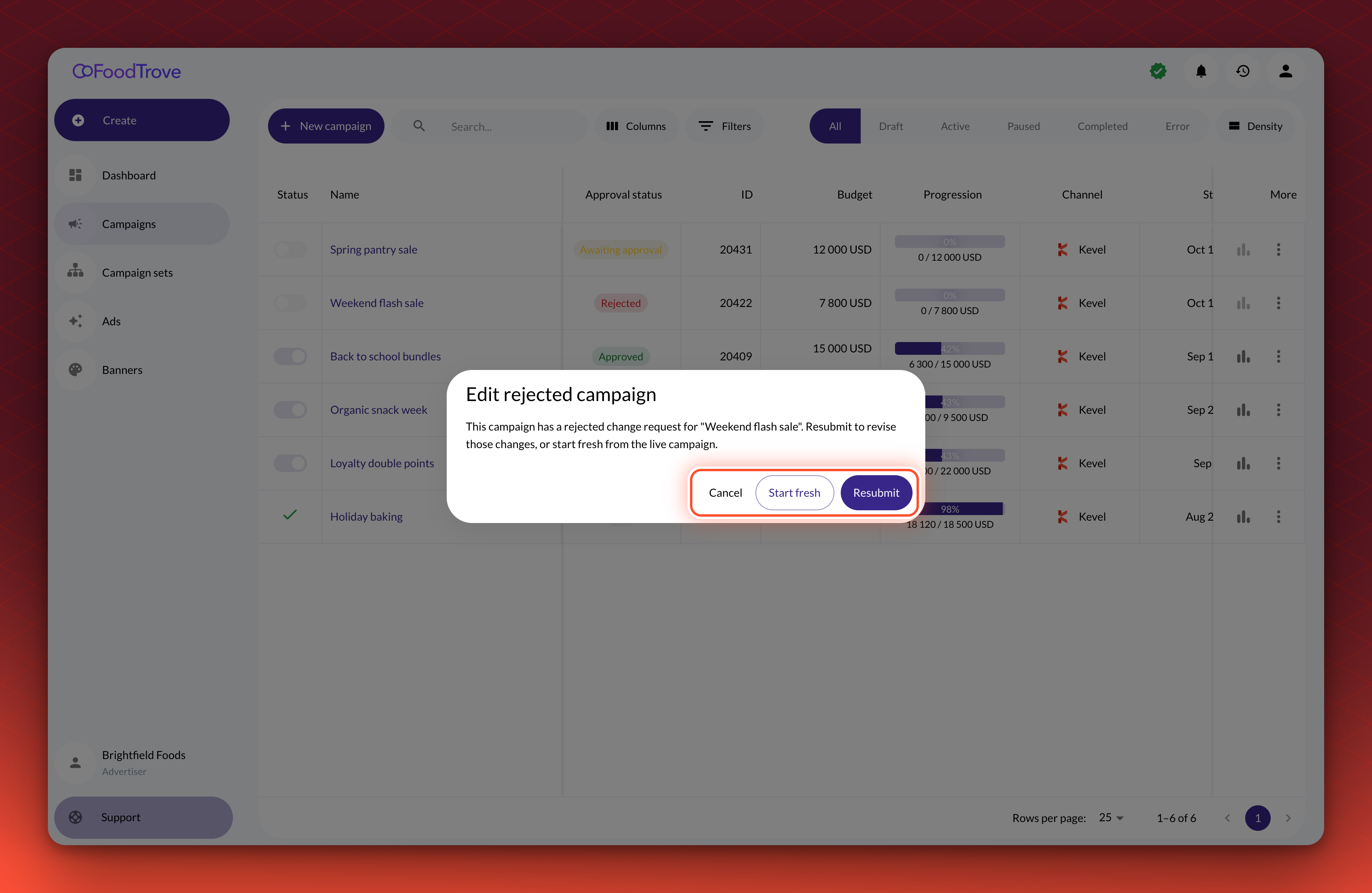 The Edit rejected campaign dialog. It says the campaign has a rejected change request and offers Cancel, Start fresh and Resubmit.