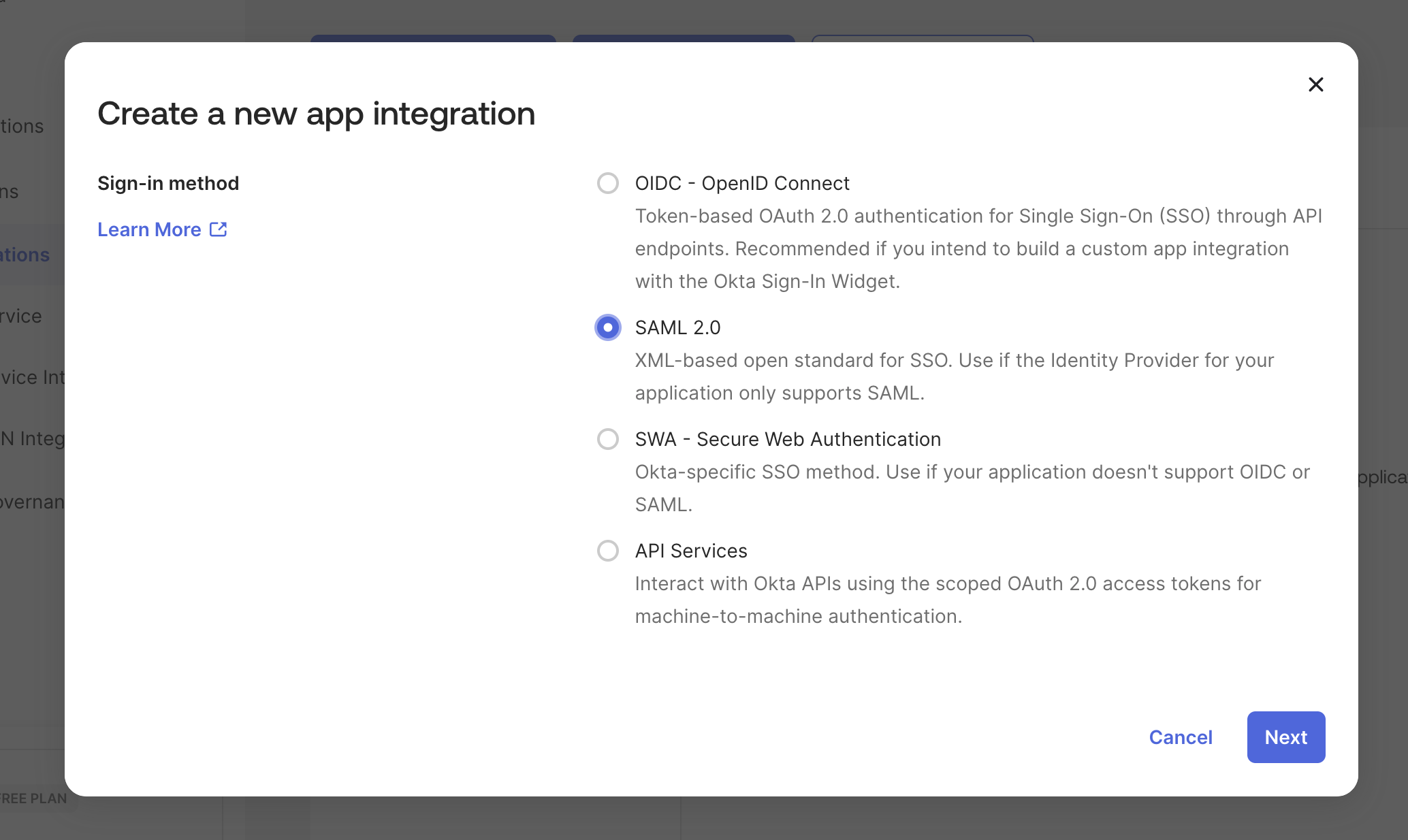 Okta: Create New App integration Modal with SAML 2.0 selected