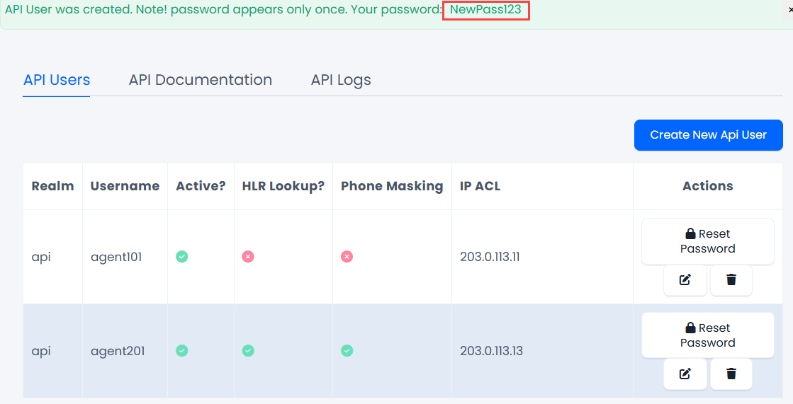 Screenshot of the password of the API user
