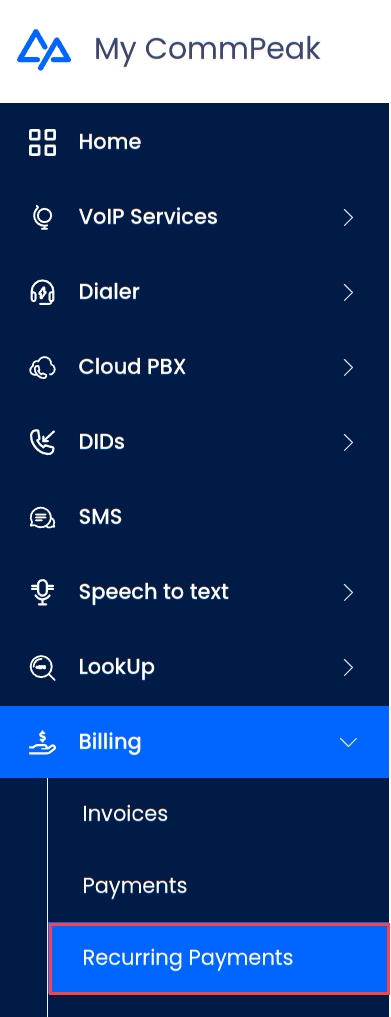 Screenshot of Recurring Payments in the main menu
