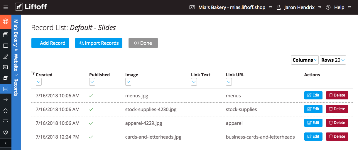record-list.png The *Record List* for a specific record type allows you to add, edit, delete and import records for the selected record type.