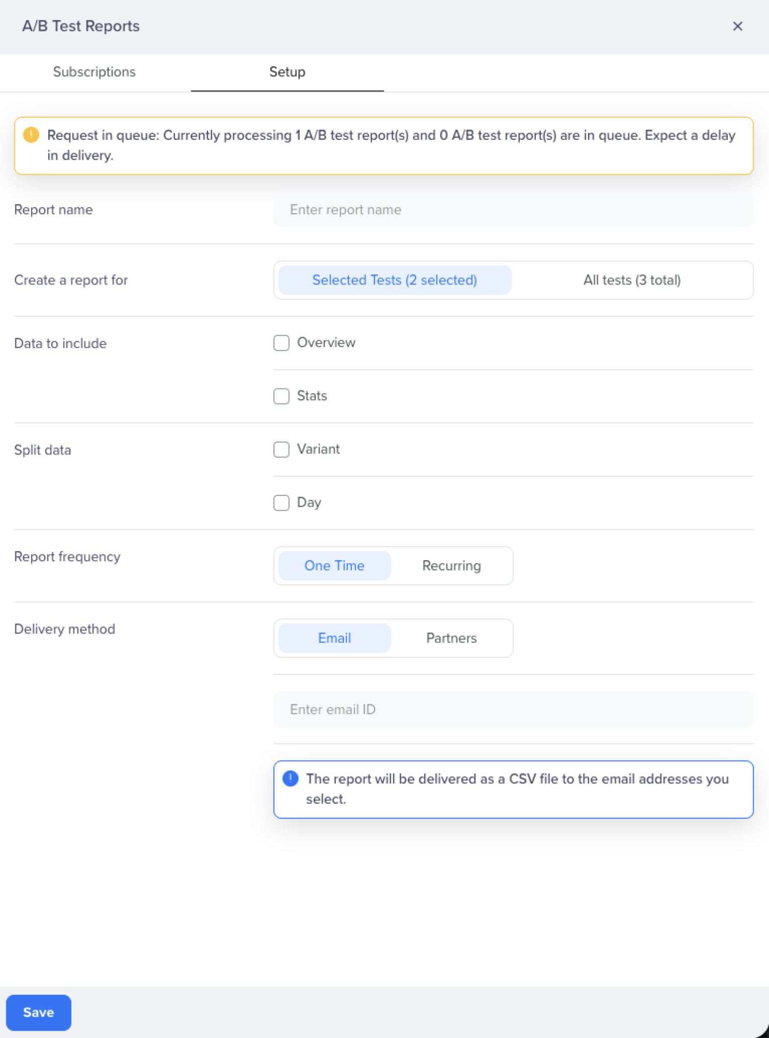 A/B Test Reports — Setup Tab