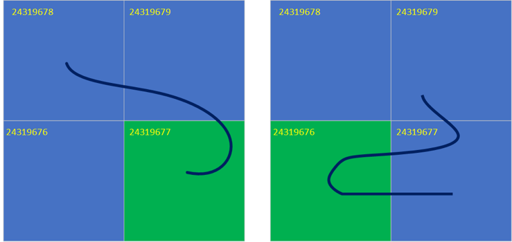 Linear cartographic elements spanning tiles