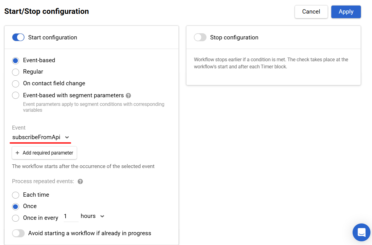 Start configuration panel