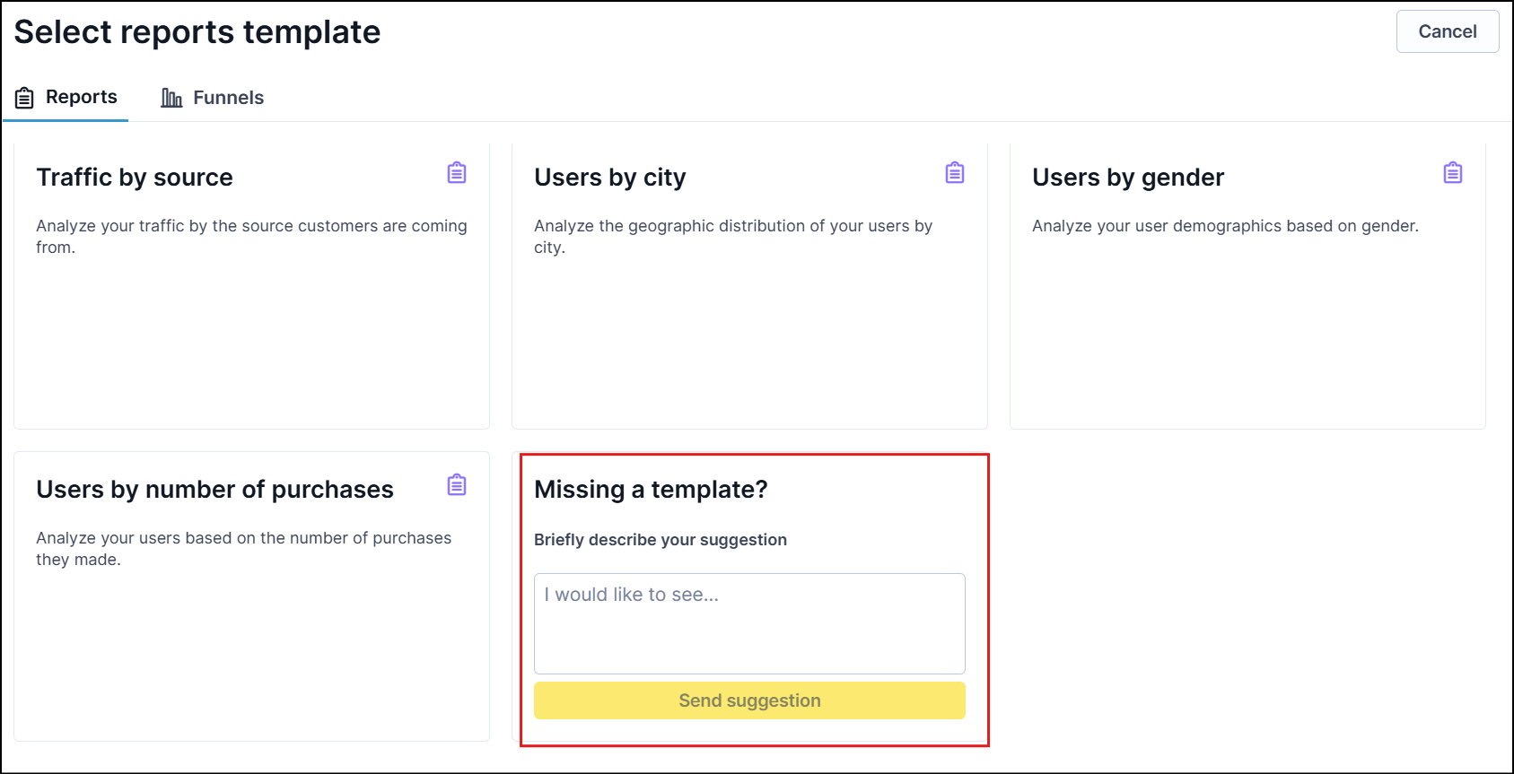 Select reports template screen showing four report templates and a Missing a template card with a text field for suggestions.