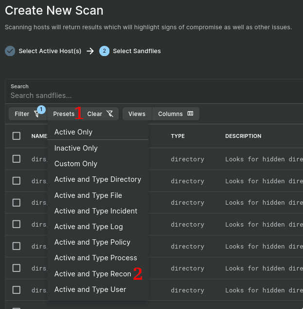 Screenshot of the New Scan dialog, selecting the Active and Type Recon preset.