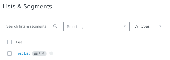 Lists and Segments tab in Klaviyo with Test List visible