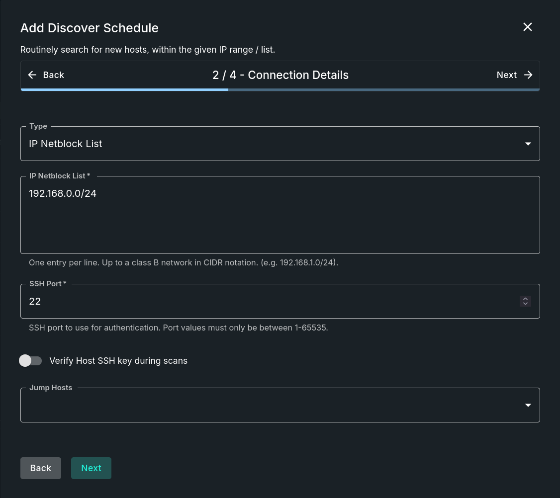 Add Discover Schedule - Connection Details Step Add Discover Schedule - Connection Details Step
