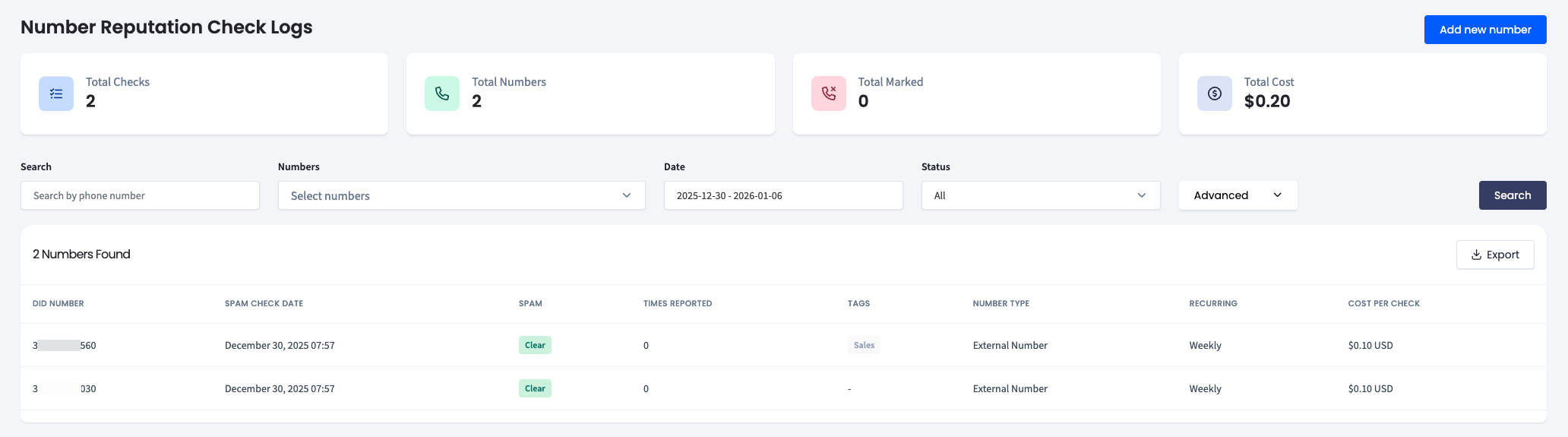 Screenshot of the Number Reputation Check Logs dashboard