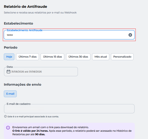 Escolha o **estabelecimento** e escolha o **período** para gerar o relatório. É possível definir qualquer intervalo de datas