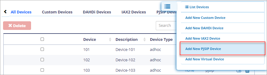 Screenshot of the **Add New PJSIP Device** option