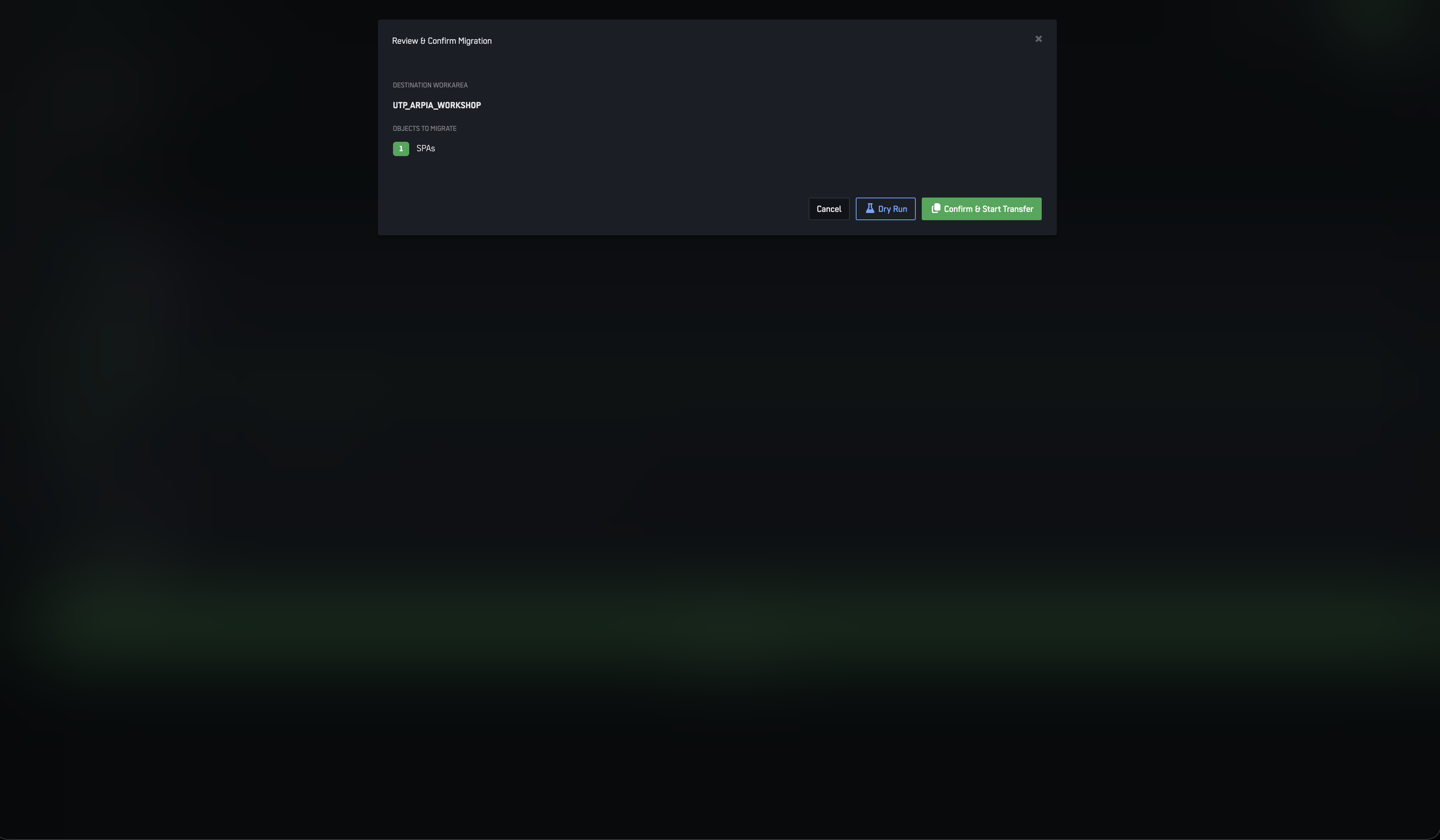 Workarea Migration Tool interface