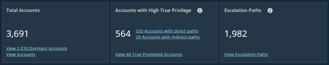 Dashboard summary with three panels. The first panel shows "Total Accounts" with a count of 3,691, and links for "View 2,070 Dormant Accounts" and "View Accounts." The second panel shows "Accounts with High True Privilege" with a count of 564, including links for "535 Accounts with direct paths," "29 Accounts with indirect paths," and "View All True Privileged Accounts." The third panel shows "Escalation Paths" with a count of 1,982 and a link to "View Escalation Paths."