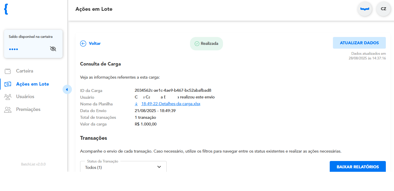 Detalhes da ação de carga