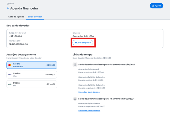 Ícone ou botão “Mudar Empresa”, que permite ao usuário selecionar outra loja vinculada ao mesmo CNPJ, desde que esteja associada ao seu login