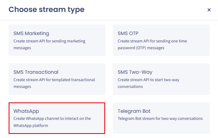 Screenshot of the stream type options: **WhatsAPP**