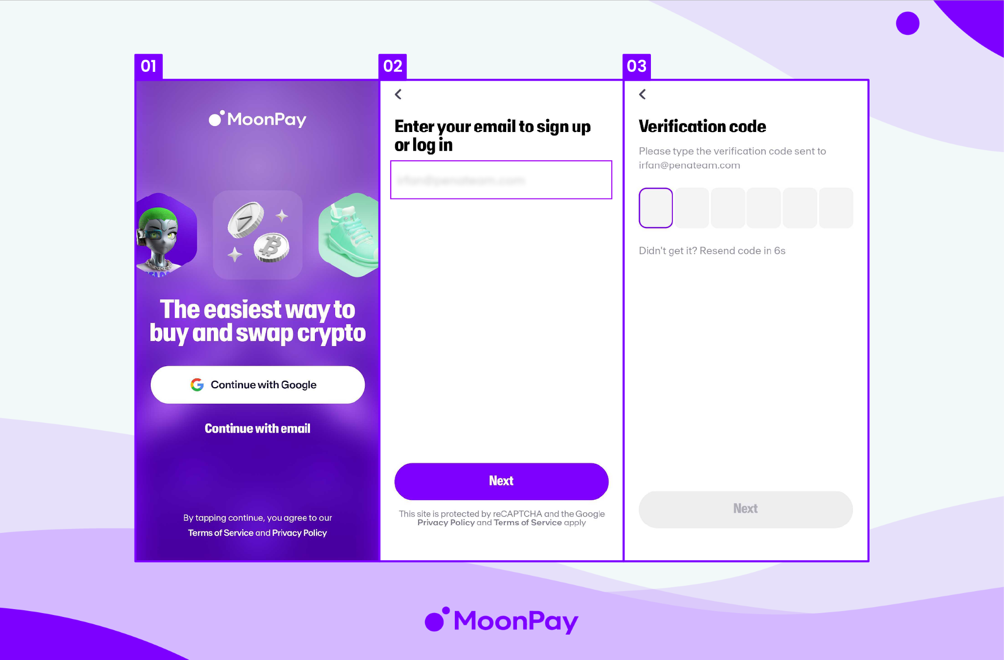 This is a step-by-step image on how to log in to MoonPay in a mobile app.