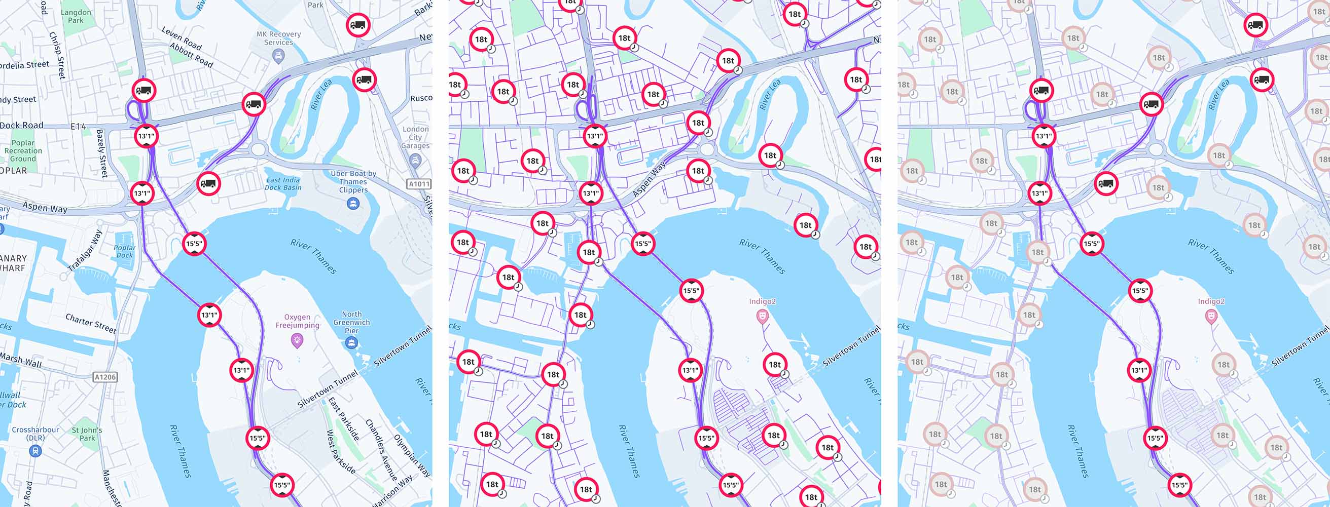 Screenshots (from left to right): MapFeatures.VEHICLE_RESTRICTIONS combined with MapFeatureModes.VEHICLE_RESTRICTIONS_ACTIVE shows truck-specific information with only showing active restrictions. When paired with MapFeatureModes.VEHICLE_RESTRICTIONS_ACTIVE_AND_INACTIVE shows truck-specific information with showing active and inactive time-based restrictions. When paired with MapFeatureModes.VEHICLE_RESTRICTIONS_ACTIVE_AND_INACTIVE_DIFFERENTIATED shows truck-specific information with showing active and inactive time-based restrictions, but inactive time-based restrictions are shown as faded (only available with the Navigate license).