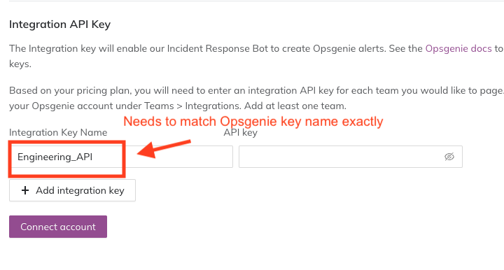 A screenshot of the Jeli UI detailing how to add an Opsgenie integration key to Jeli