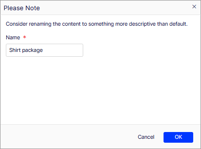 Screenshot of the Please Note naming window for a new package in Commerce Connect.