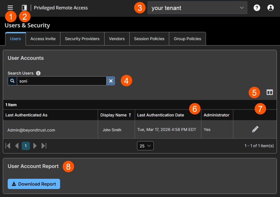 Image of the Users & Security: Users page.