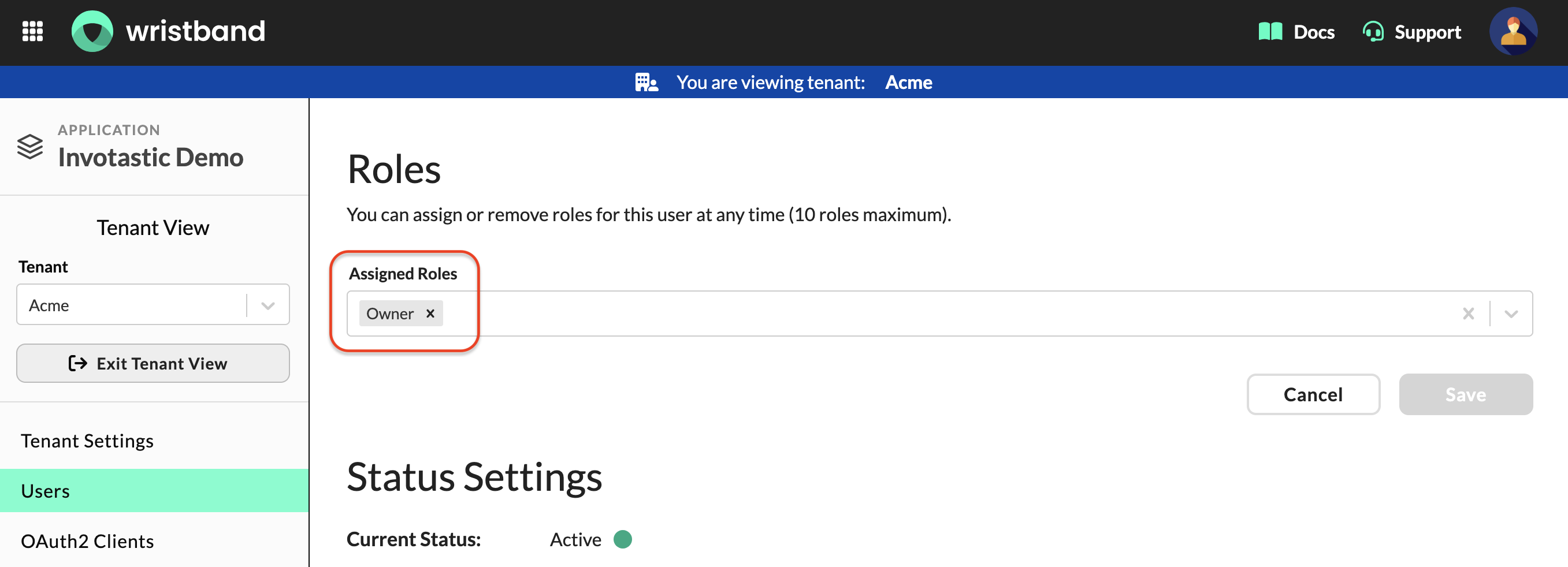 Wristband: Edit User page showing Roles form with Owner role assigned via group role mapping