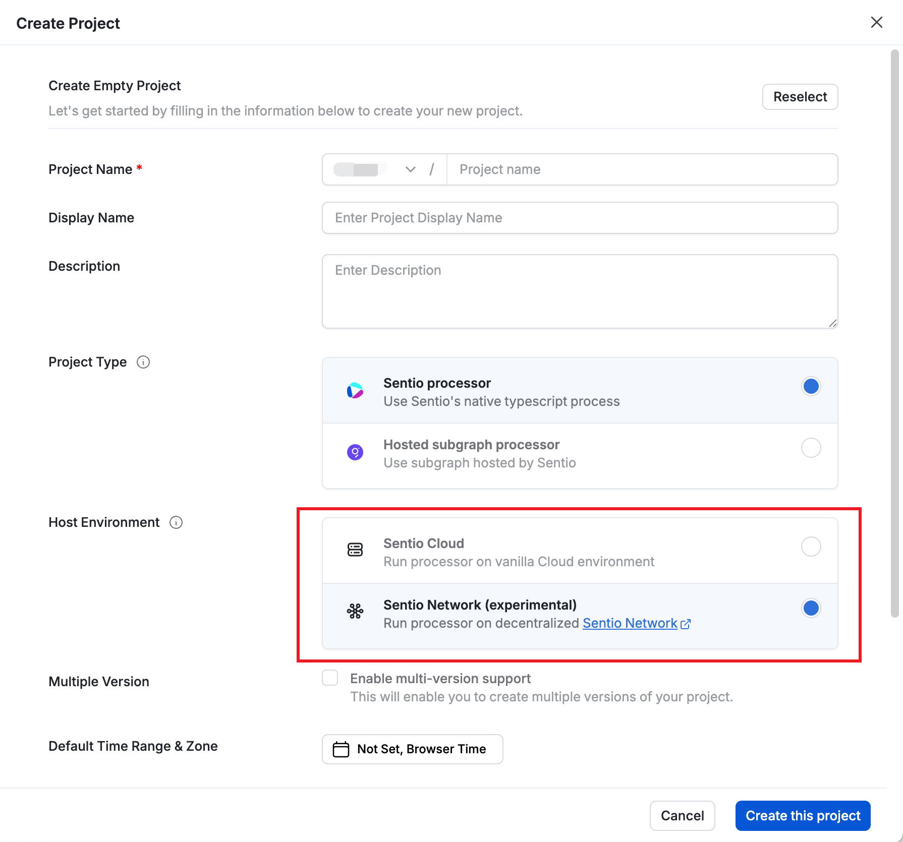 Host Environment in Project Setting Form
