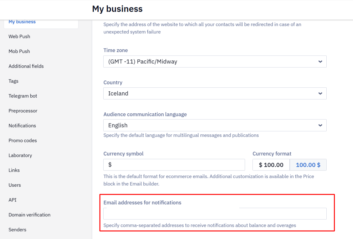 My business settings page with the Email addresses for notifications field highlighted