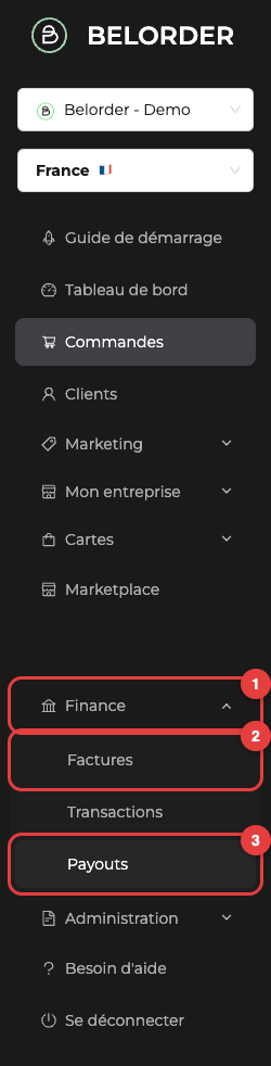 Accès aux pages Factures et Payouts depuis le menu Finance