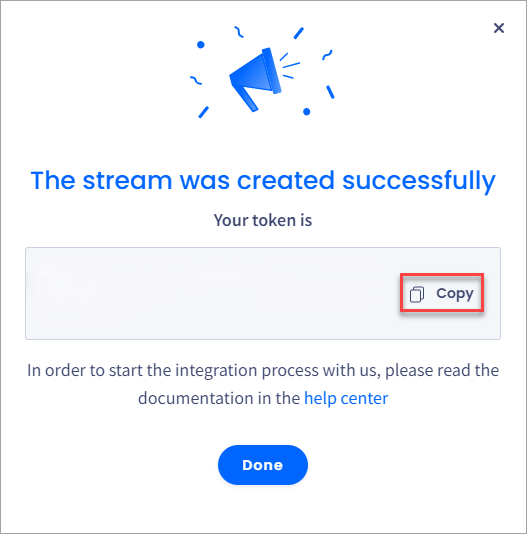 Screenshot of the **Stream IP was created successfully** success window