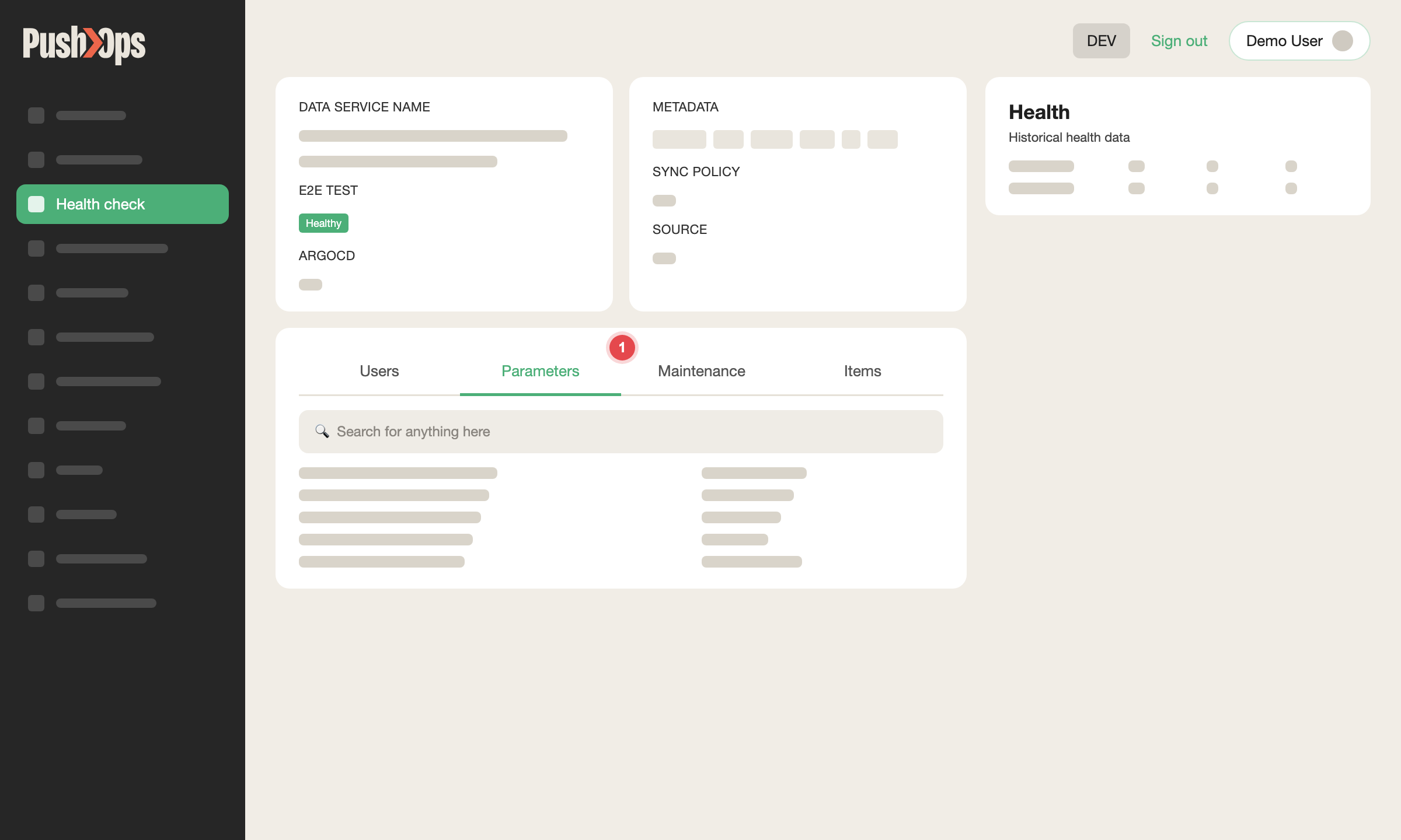 A database opened from Health check in SVIEW with the Parameters tab marked 1