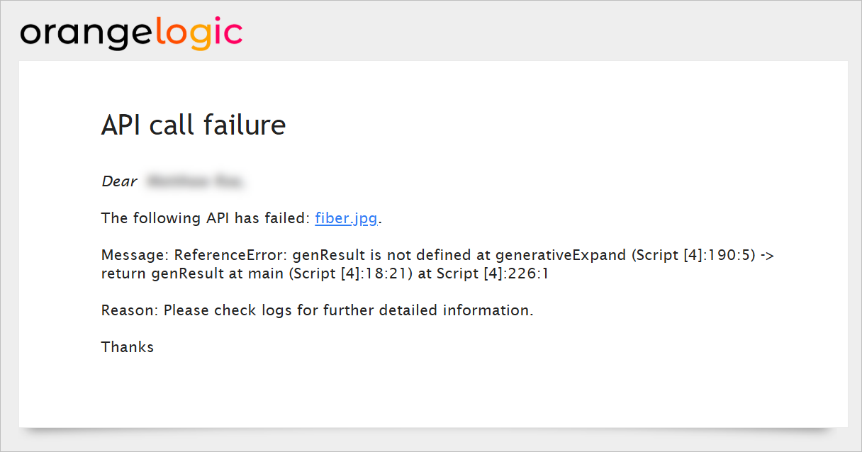 Example Call external API failure notification email - some text intentionally blurred
