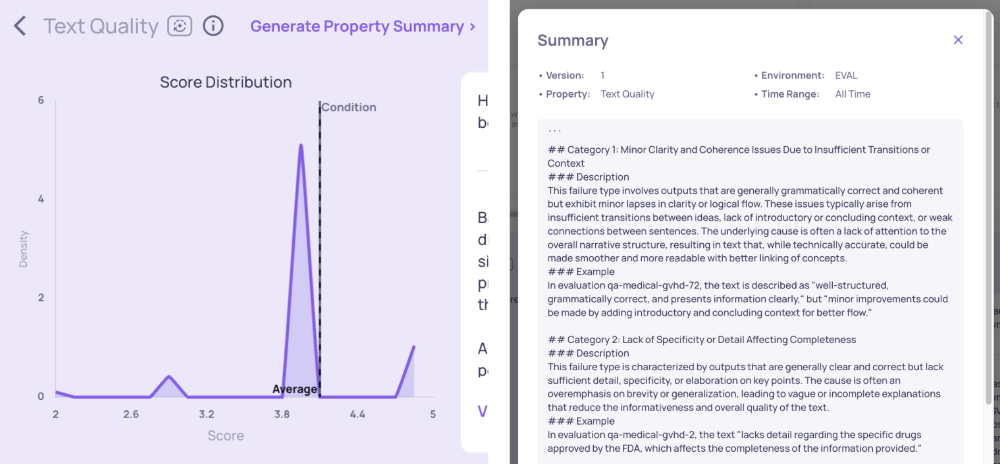 High-Level Property Summary generated for the Text Quality property, pinpointing recurring failure types