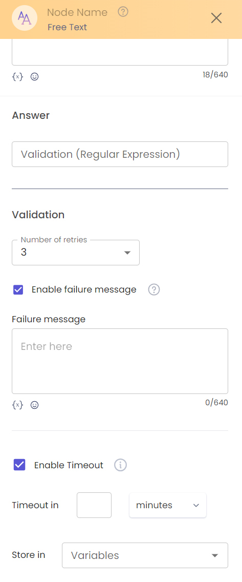 Validation, Failure Message, Enable Timeout, Store in Variable