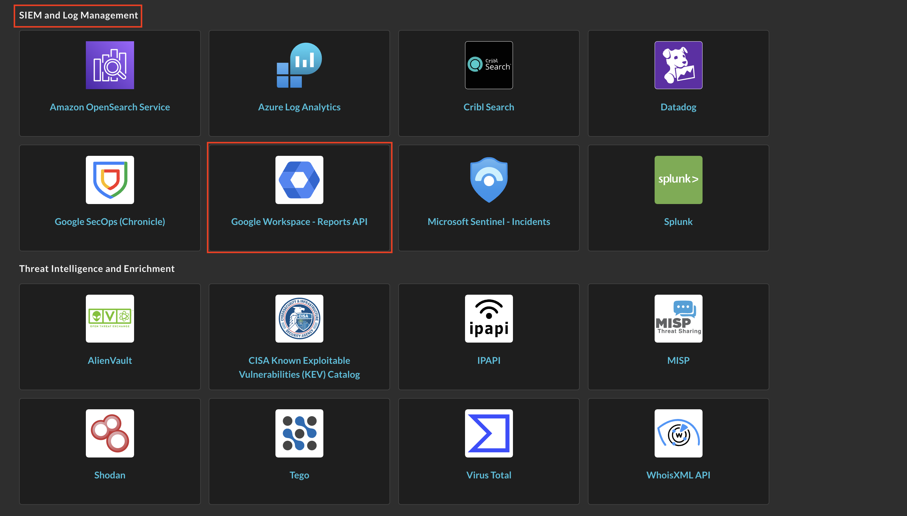 FIG. 1 - Locating the Google Workspace - Reports API in the Query Federated Search Connectors page