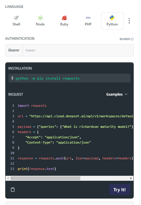 A screenshot of the API documentation page where you can select the programming language and the code window updates to show the code in the language you selected.