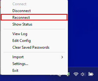 Right click on the VPN status icon to reconnect.