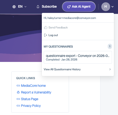 User menu dropdown expanded from the avatar icon in the Trust Center header, showing the visitor's email address, Send Feedback and Log out links, a My Questionnaires section with one completed questionnaire entry dated January 28, 2026, and a View All Questionnaire History link at the bottom.