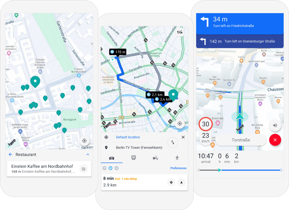 Screenshots from the HERE SDK Reference Application for Flutter.
