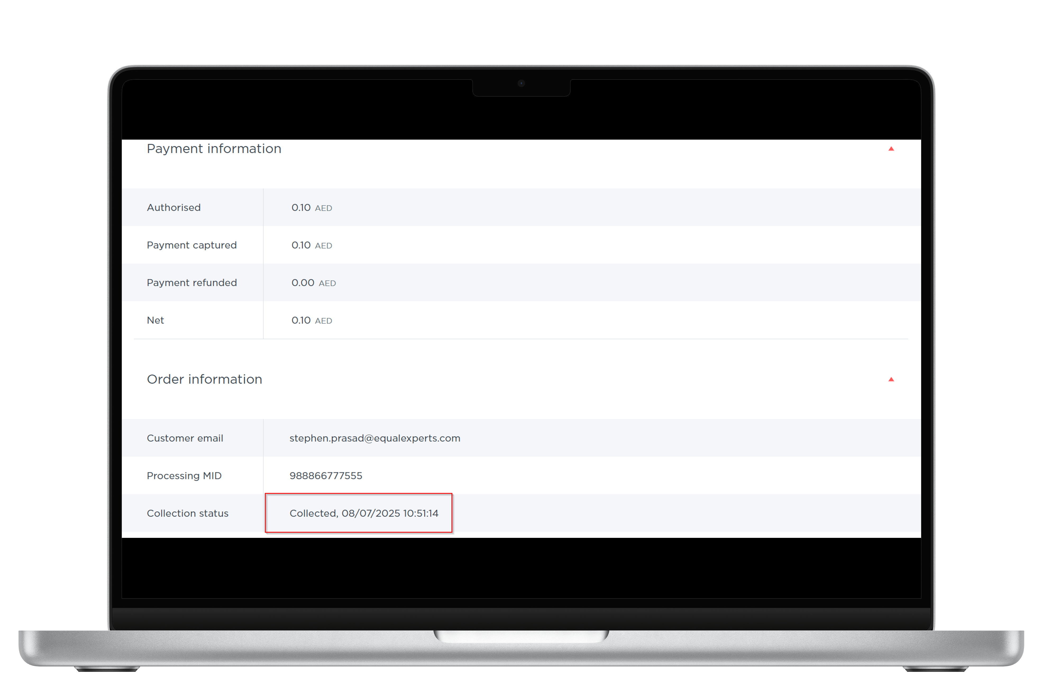 The order colleciton status updates to the selected value under the Order Informaion section.