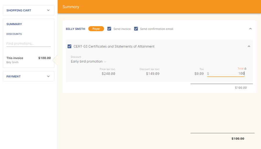 Figure 228. This enrolment has the "early bird discount" applied, and is having its price manually edited to $100