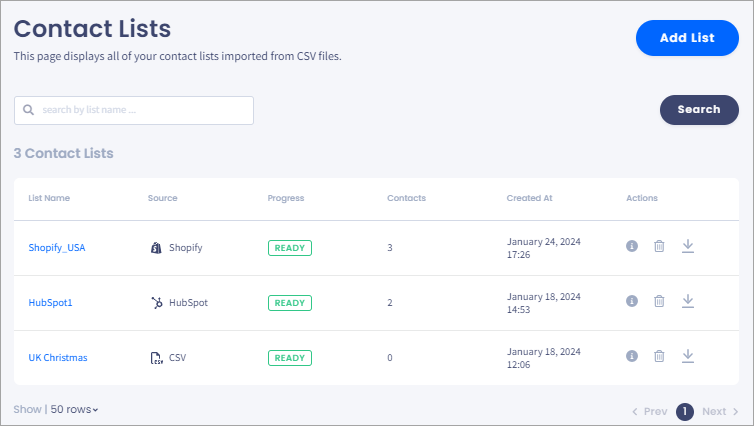 Screenshot of the **Contact Lists** page