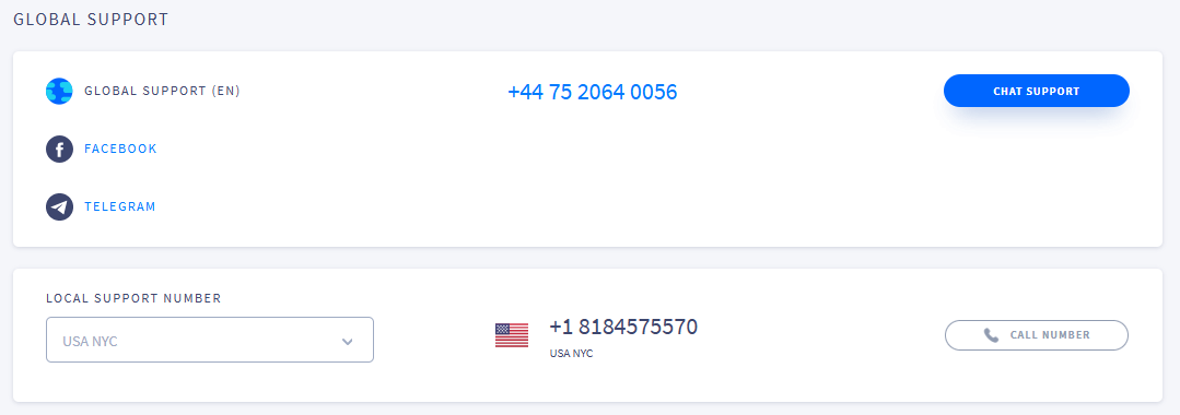 Screenshot of the Global Support section