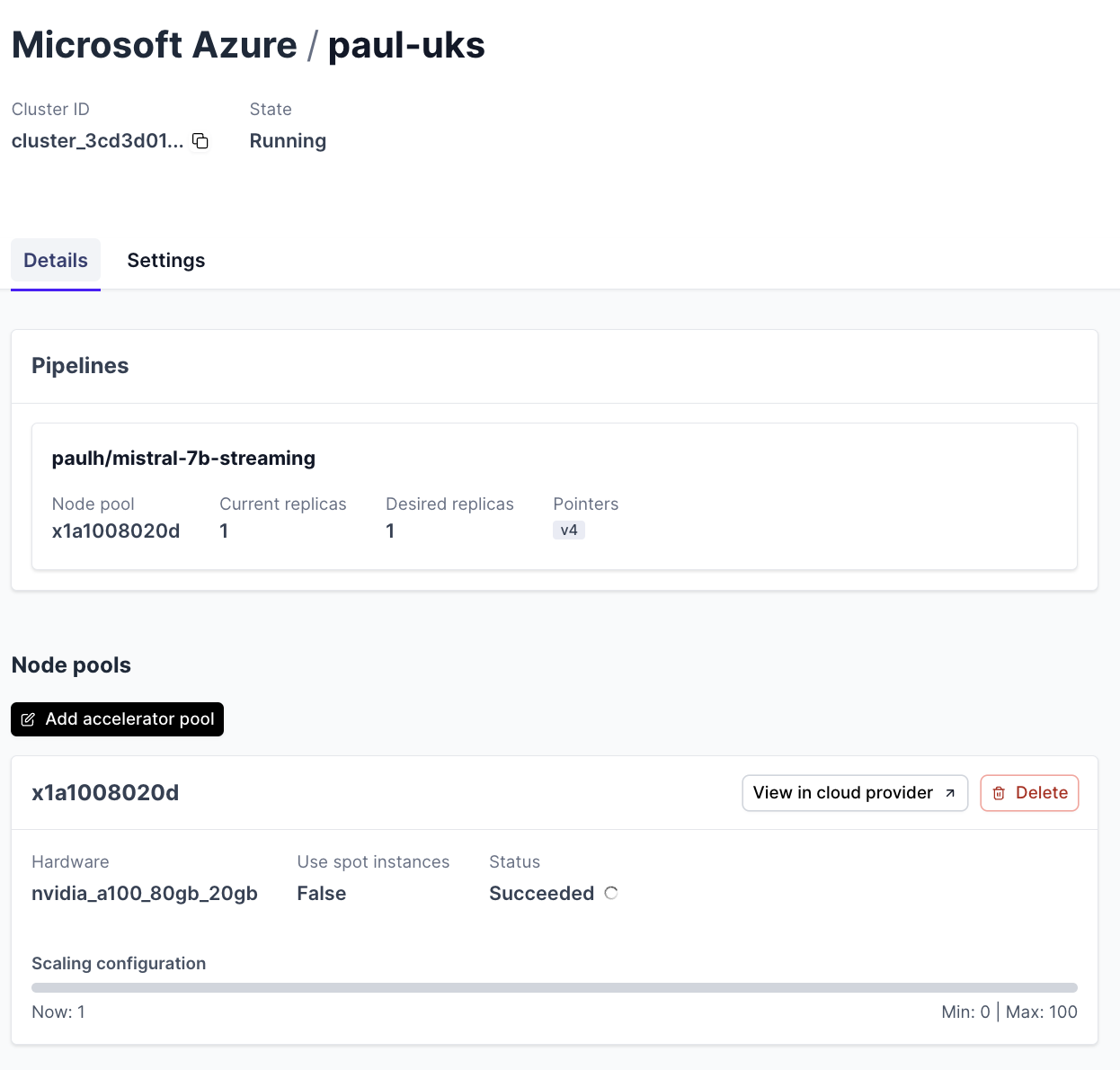 This is a BYOC cluster deployed on Azure in UK South. The Cluster ID is shown at the top begining `cluster_3cd3d01...` and the only present node pool name is `x1a1008020d`.