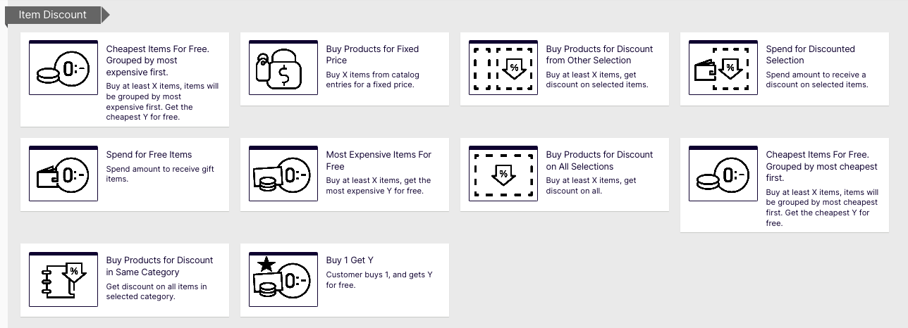 Screenshot of discount type list in Commerce Connect where marketers choose a built-in discount template