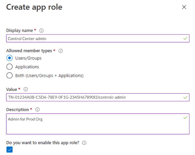 Create app role screen in Control Center