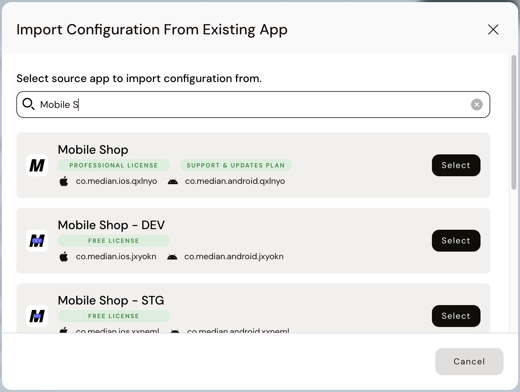 Import from Existing App - Step 1