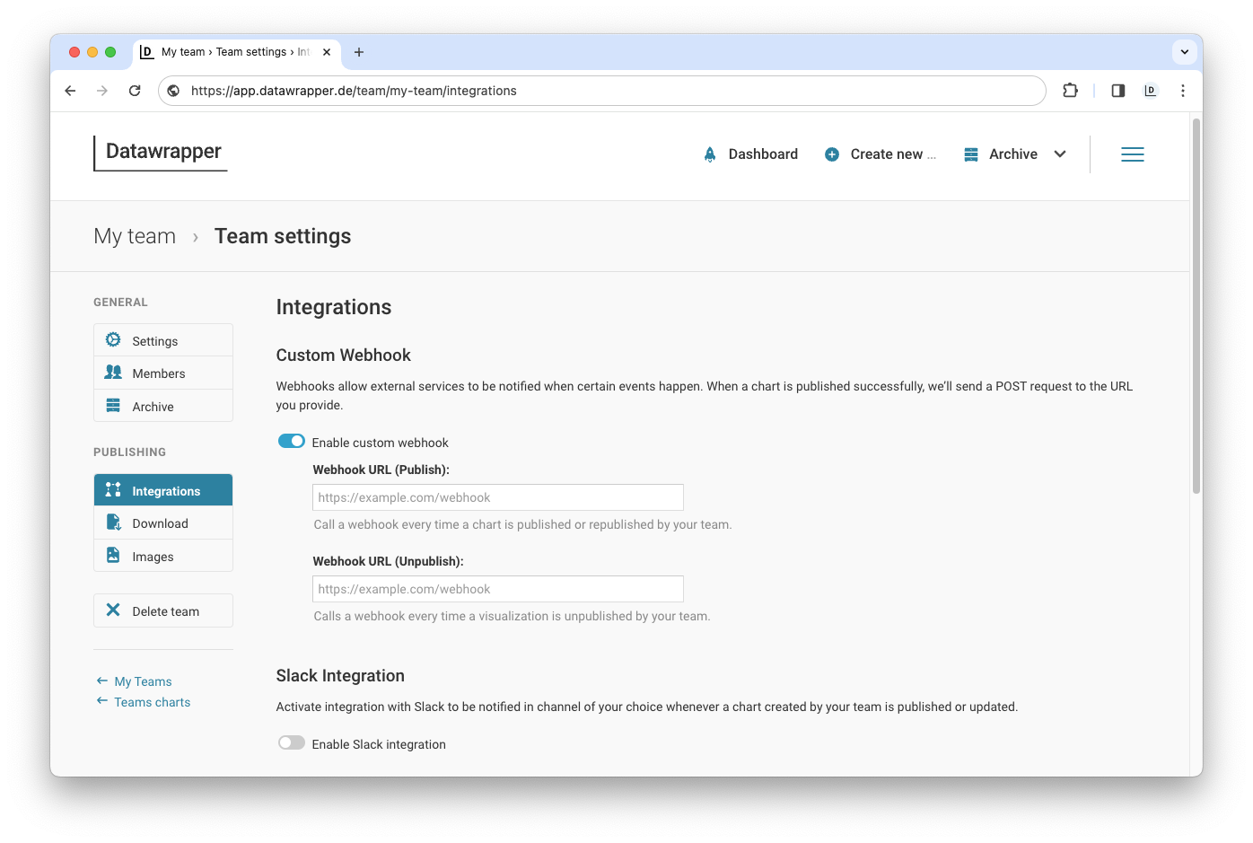 Team settings UI with webhook configuration