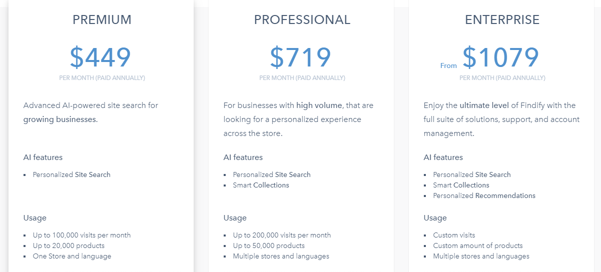 Findify's three main price plans, paid annually with a 10% discount.